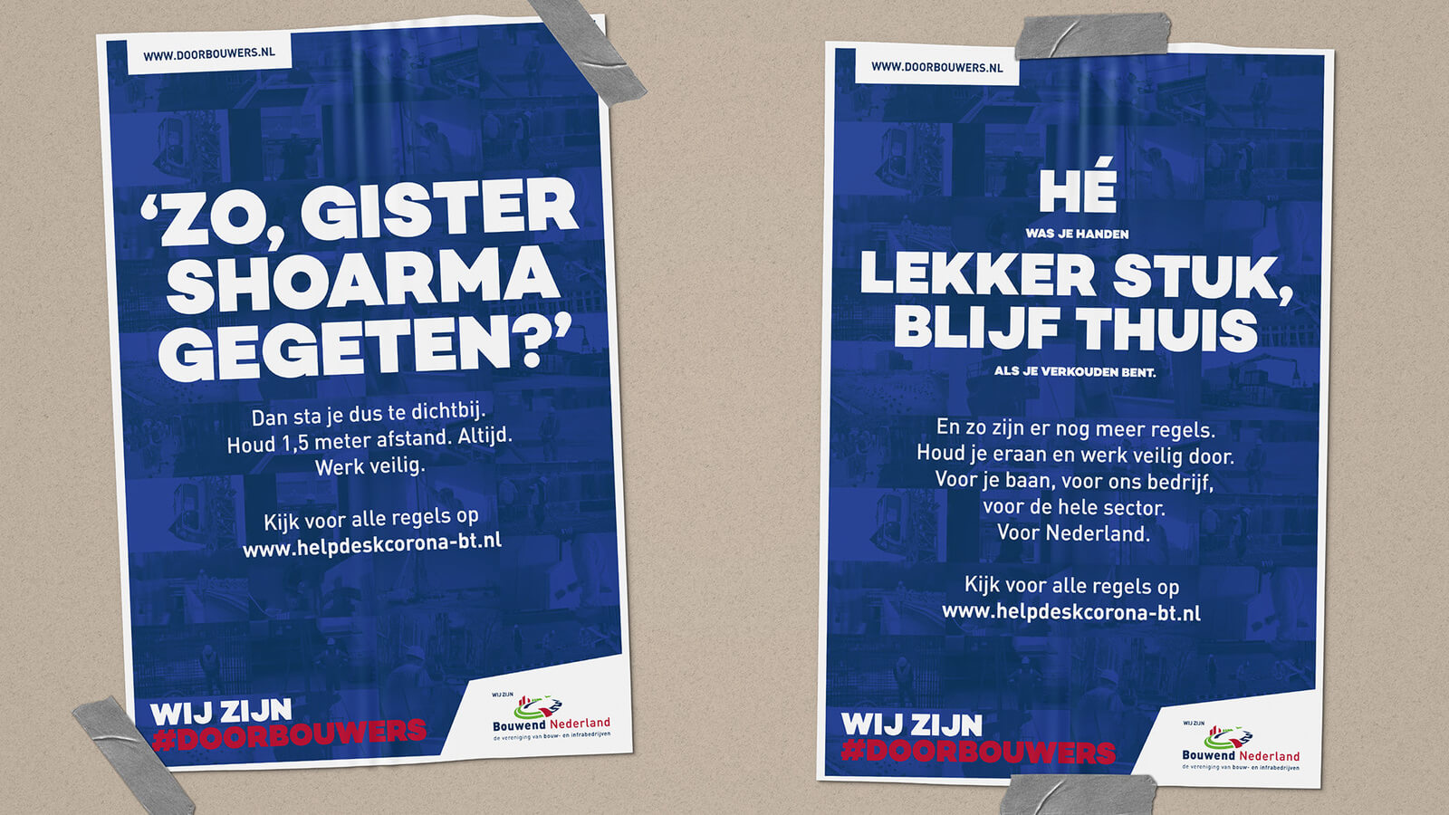 Twee voorbeelden van campagne posters voor #doorbouwers die inhaken op de corona maatregelen.