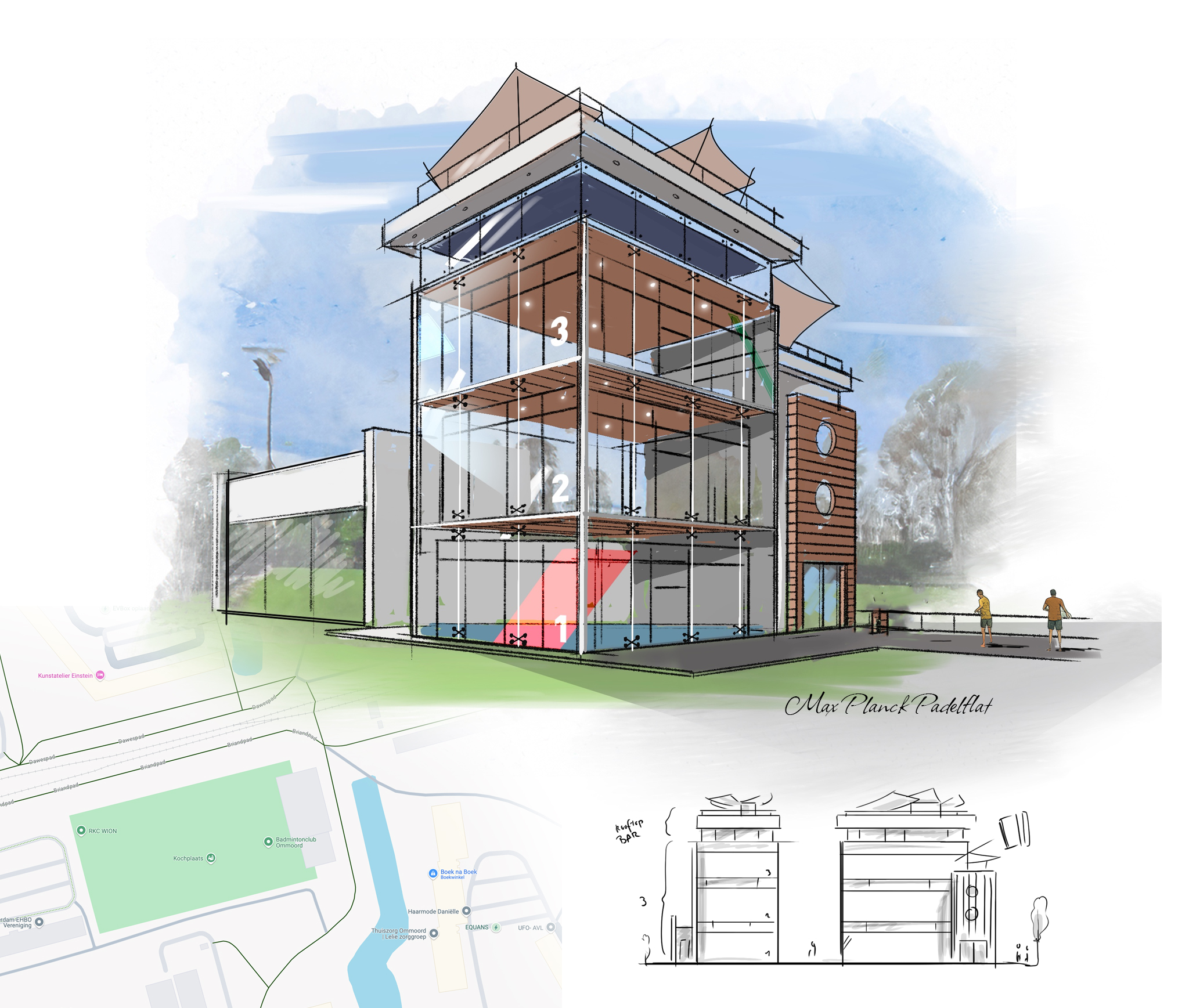 De 'artist impression' van de Padelflat voor Sportbedrijf Rotterdam