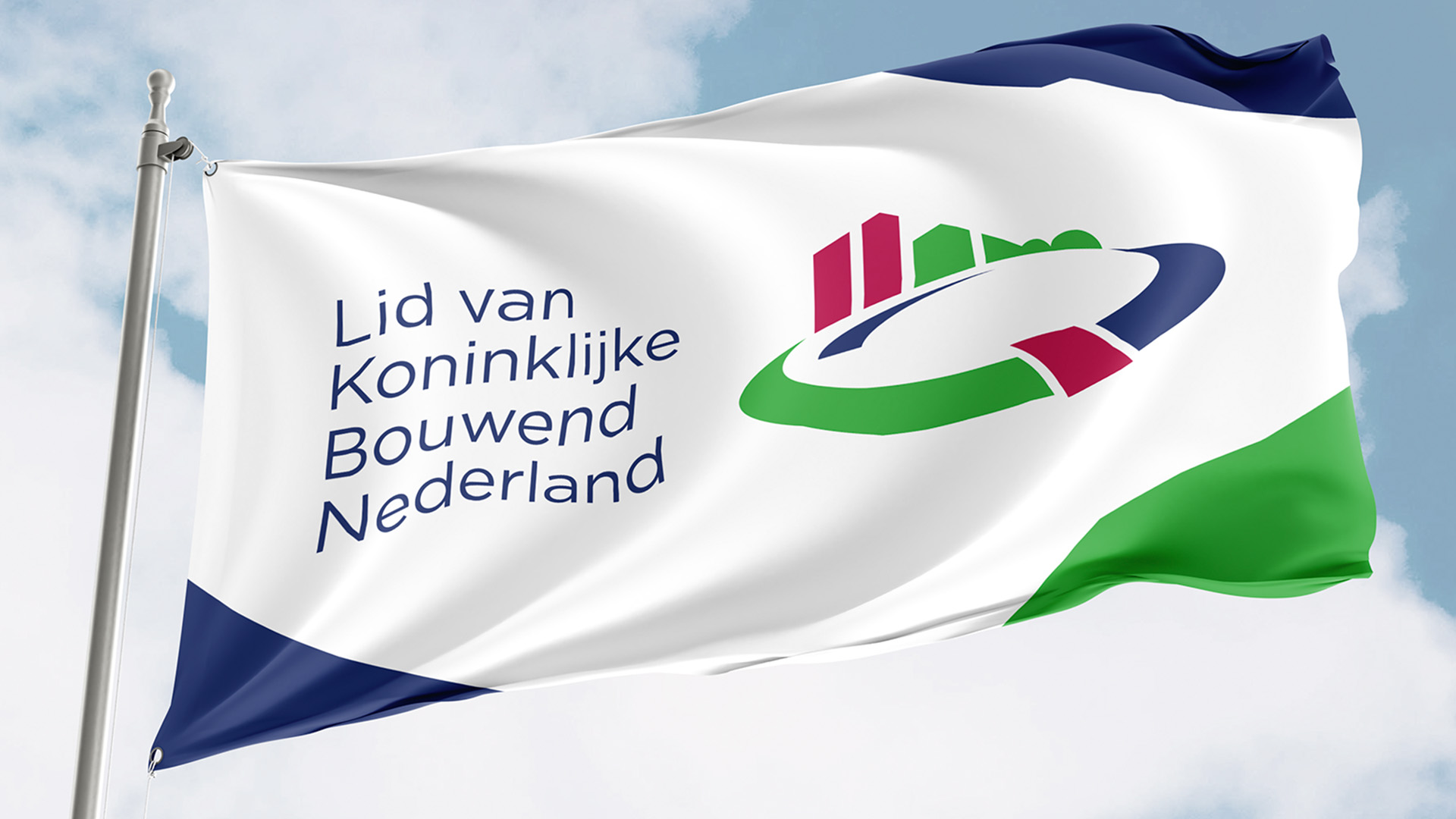 Het Bouwend Nederland logo op een wapperende vlag