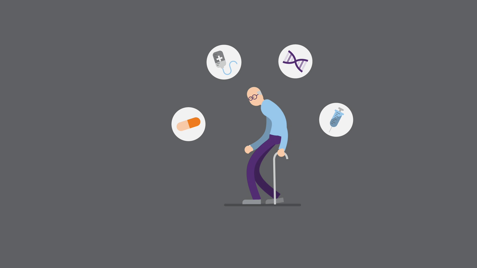 Beeld uit de motion graphic: een man met wandelstok waar illustraties van medicijnen omheen staan
